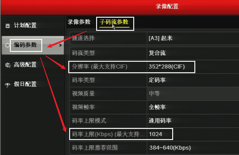 监控子码流参数 监控子码流参数